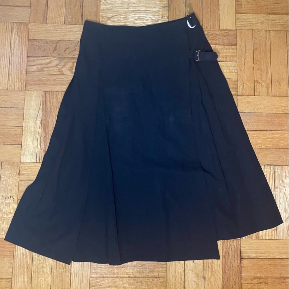 Holt Renfrew black wool pleated wrap skirt